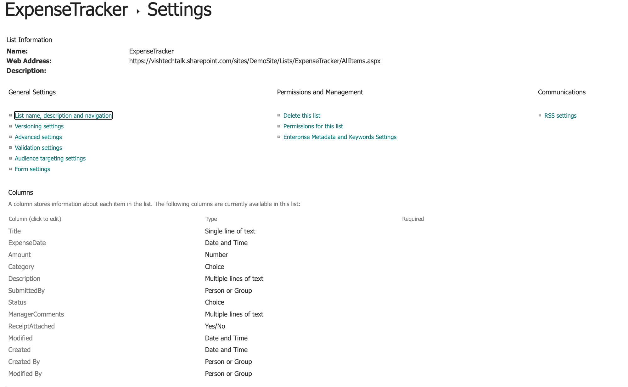 SharePoint ExpenseTracker list columns for Power Apps Expense Tracker App including Status, Category, Amount