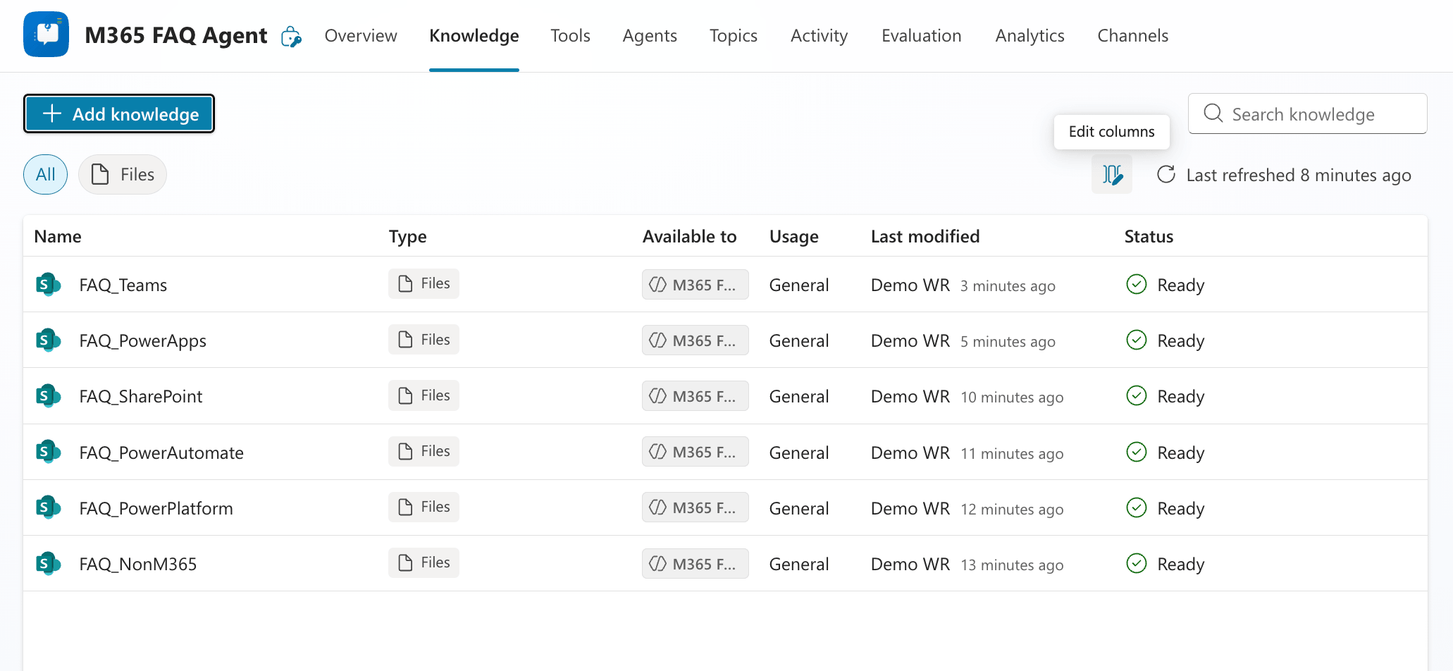 SharePoint knowledge base setup for M365 FAQ Agent with FAQ documents and policy library