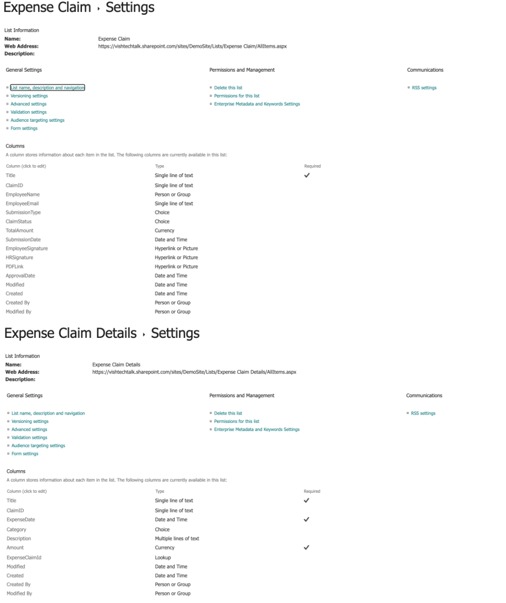 Two relational SharePoint lists used for expense claim automation in SharePoint showing parent and child list columns