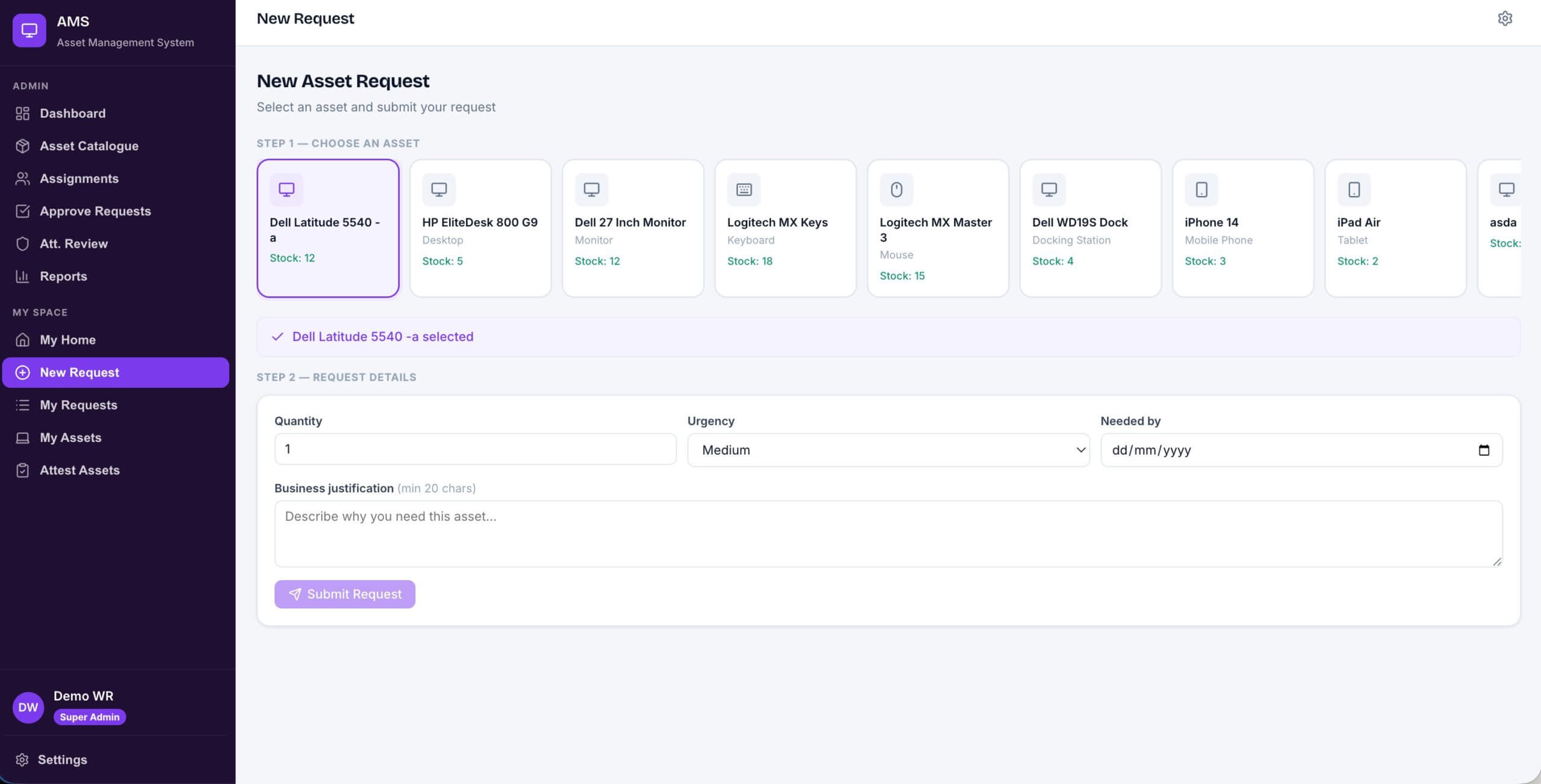 Asset Management System Code App Approve Requests with urgency badges