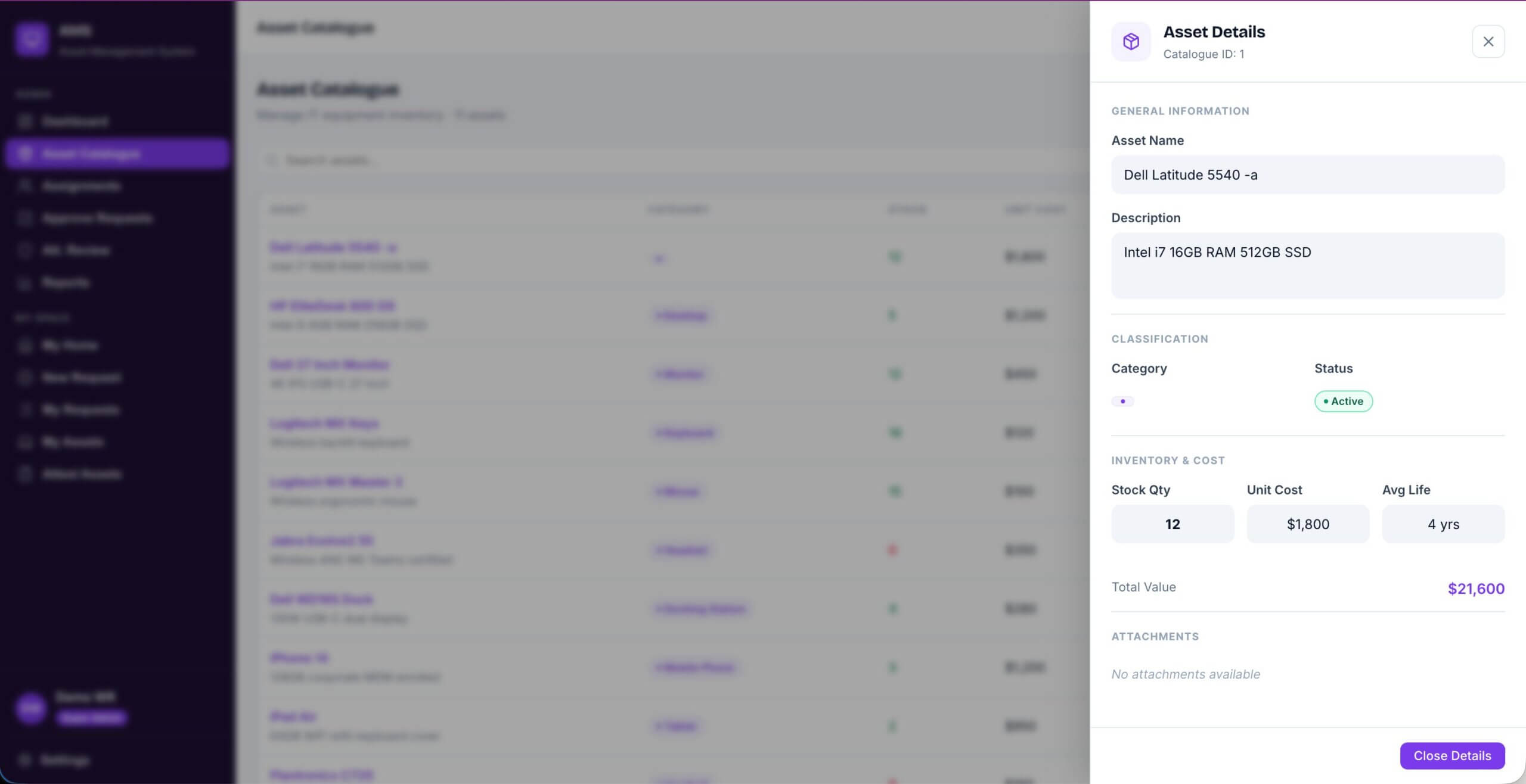 Asset Management System Code App My Requests with urgency and status badges