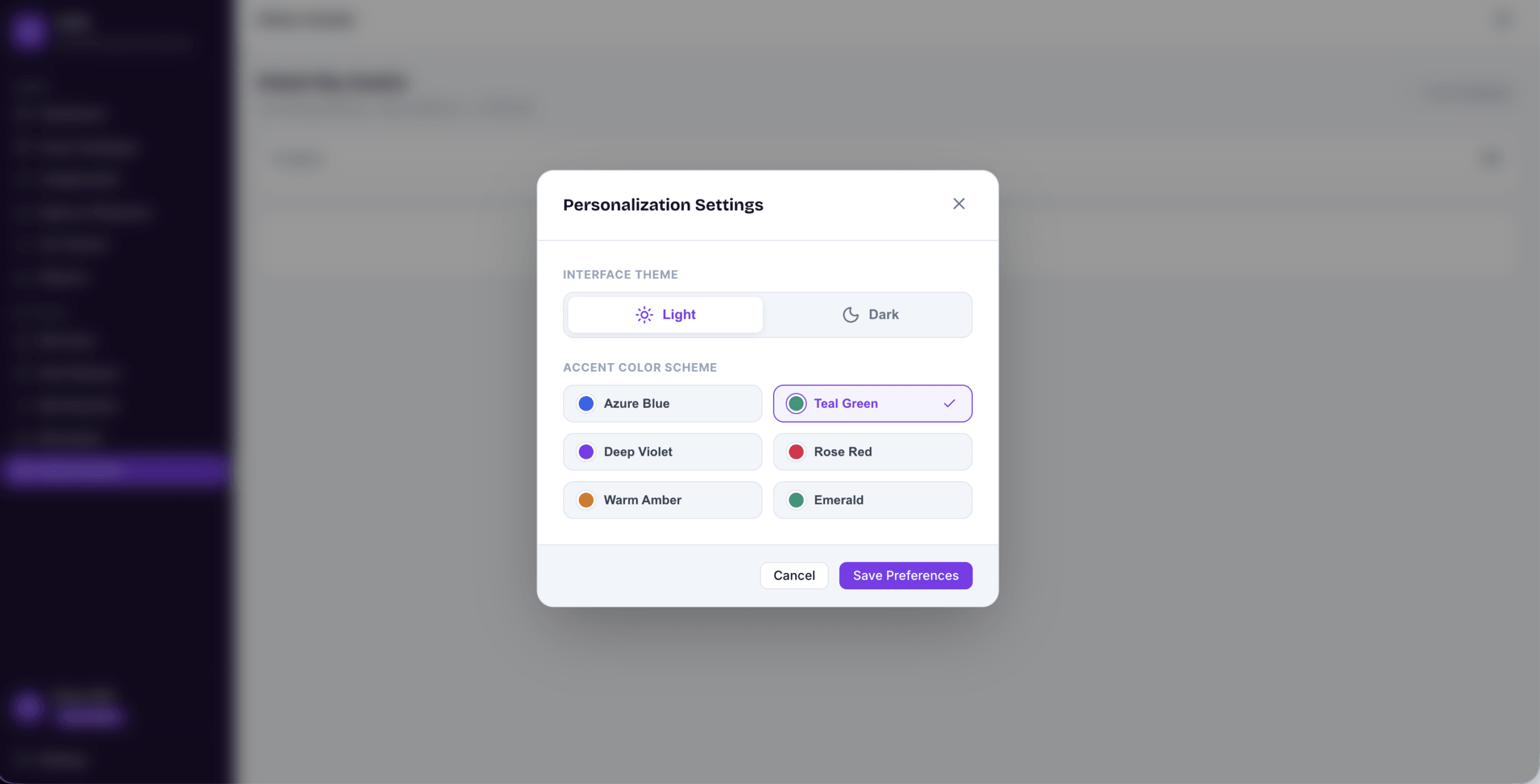Asset Management System Code App Settings with theme and accent colour personalisation