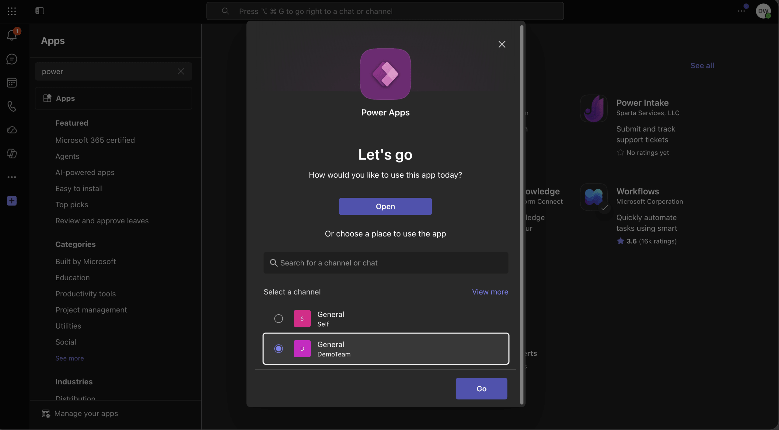 Power Apps Let's go dialog in Microsoft Teams showing channel selection with DemoTeam General channel selected and Go button
