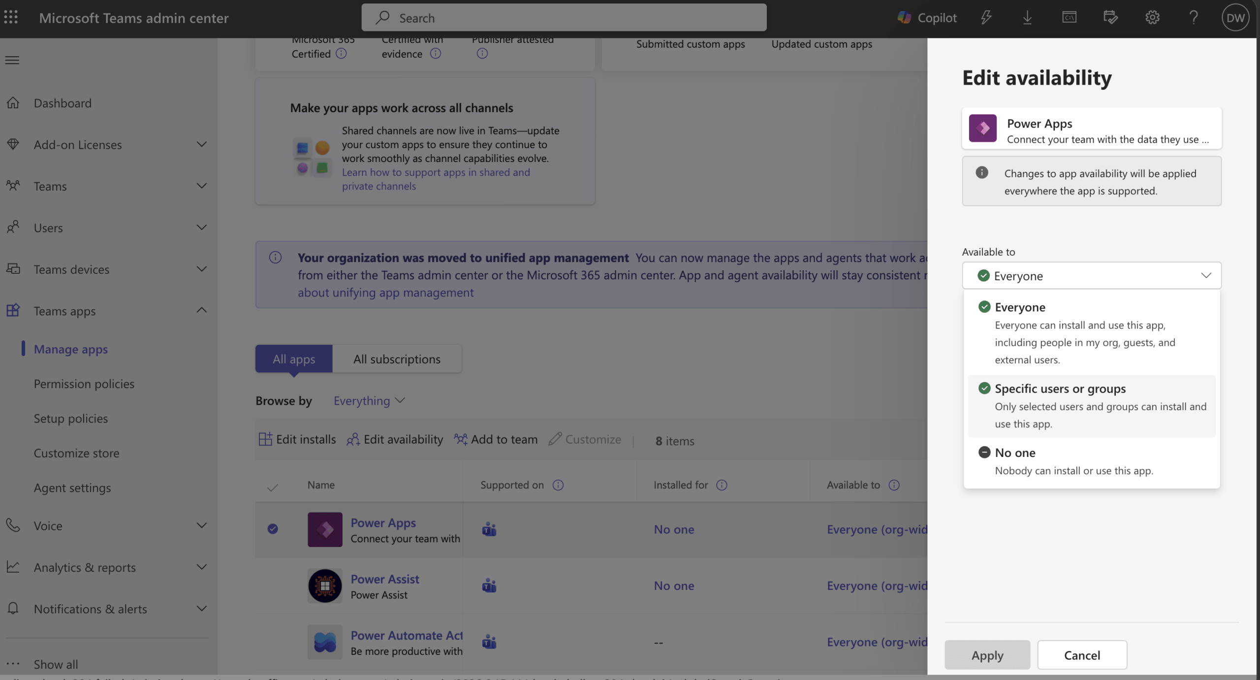 Edit availability panel in Teams Admin Center for Power Apps showing options Everyone, Specific users or groups, and No one