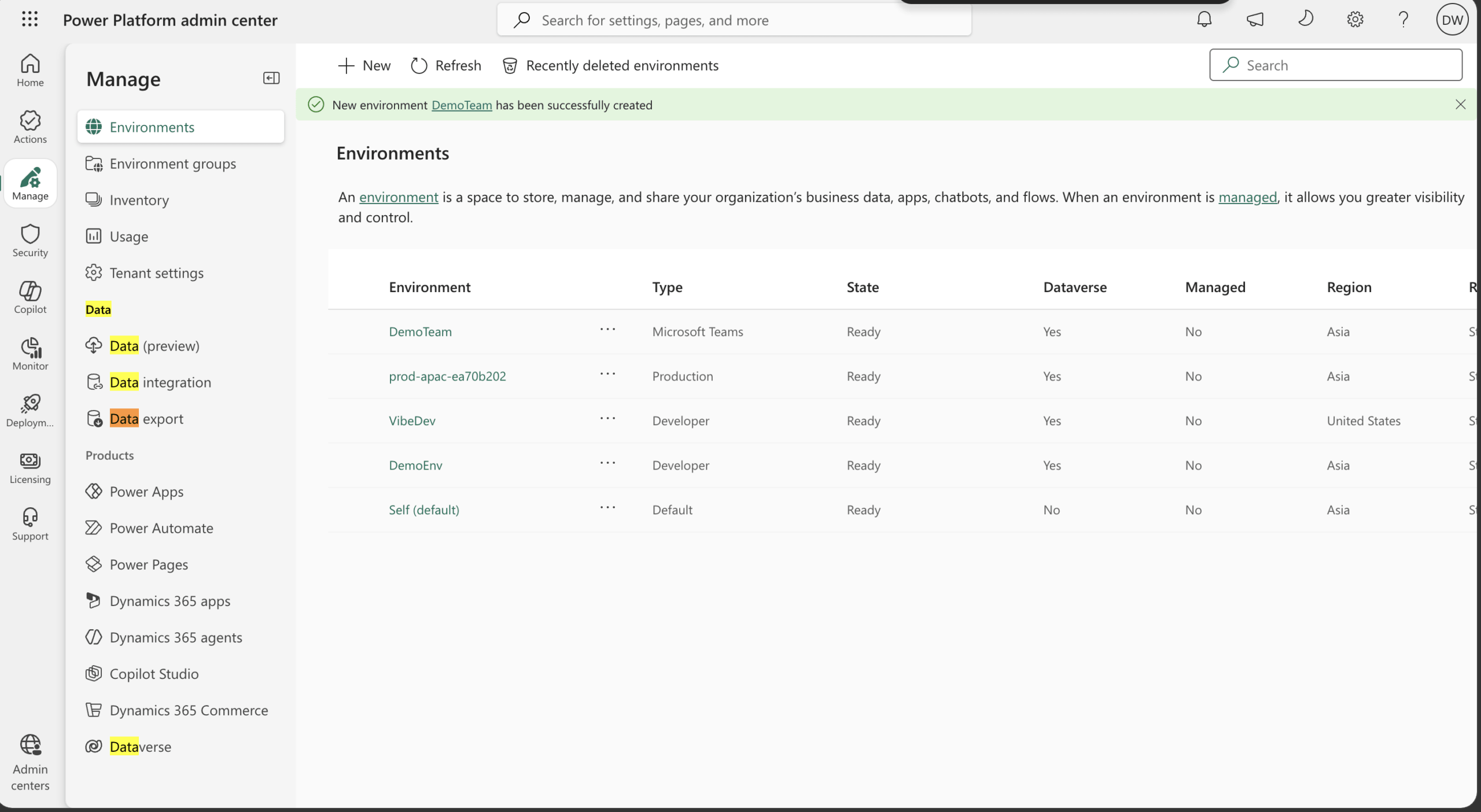 Power Platform admin center Environments list showing DemoTeam environment with type Microsoft Teams state Ready and Dataverse Yes in Asia region