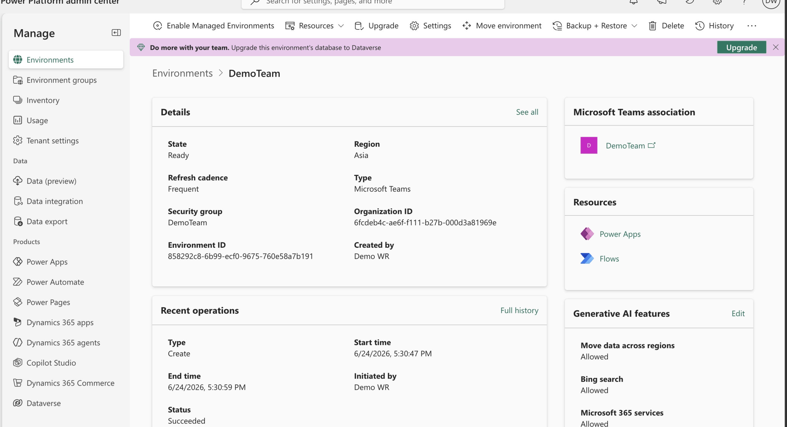 Power Platform admin center DemoTeam environment detail page showing type Microsoft Teams region Asia security group and Generative AI features with Upgrade button