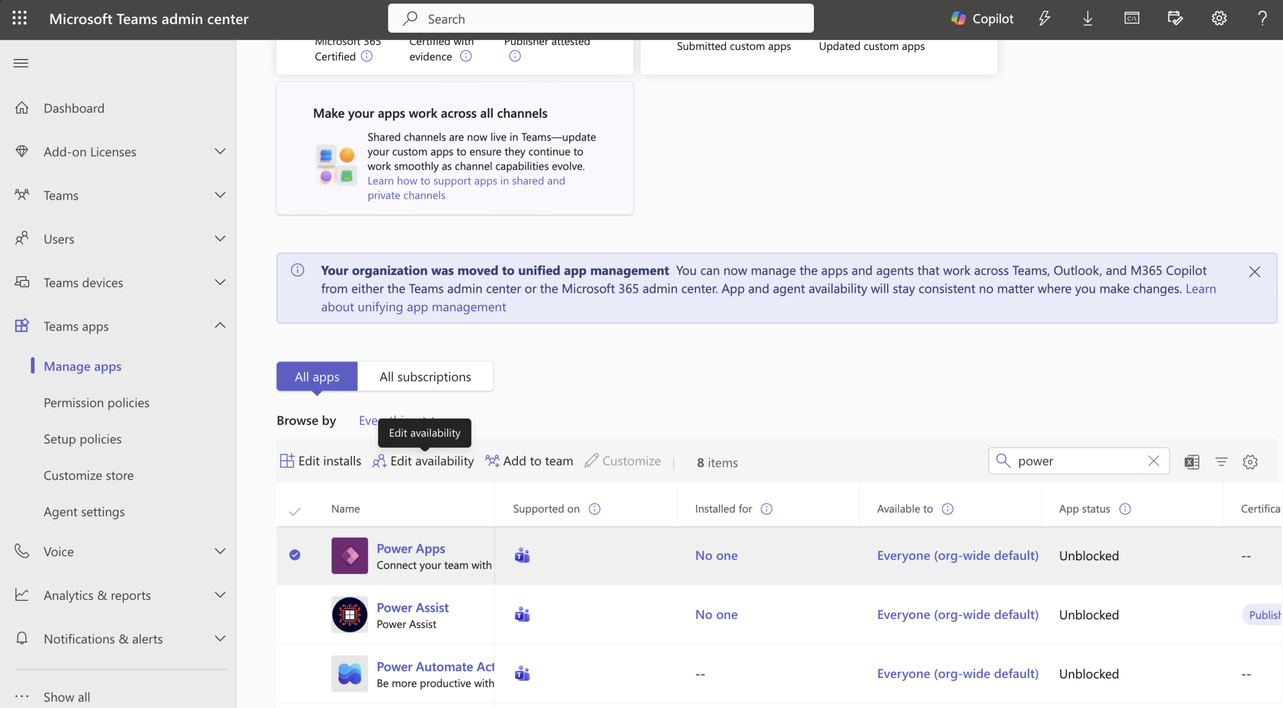 Microsoft Teams Admin Center Manage Apps page showing Power Apps with status Unblocked and Available to Everyone org-wide
