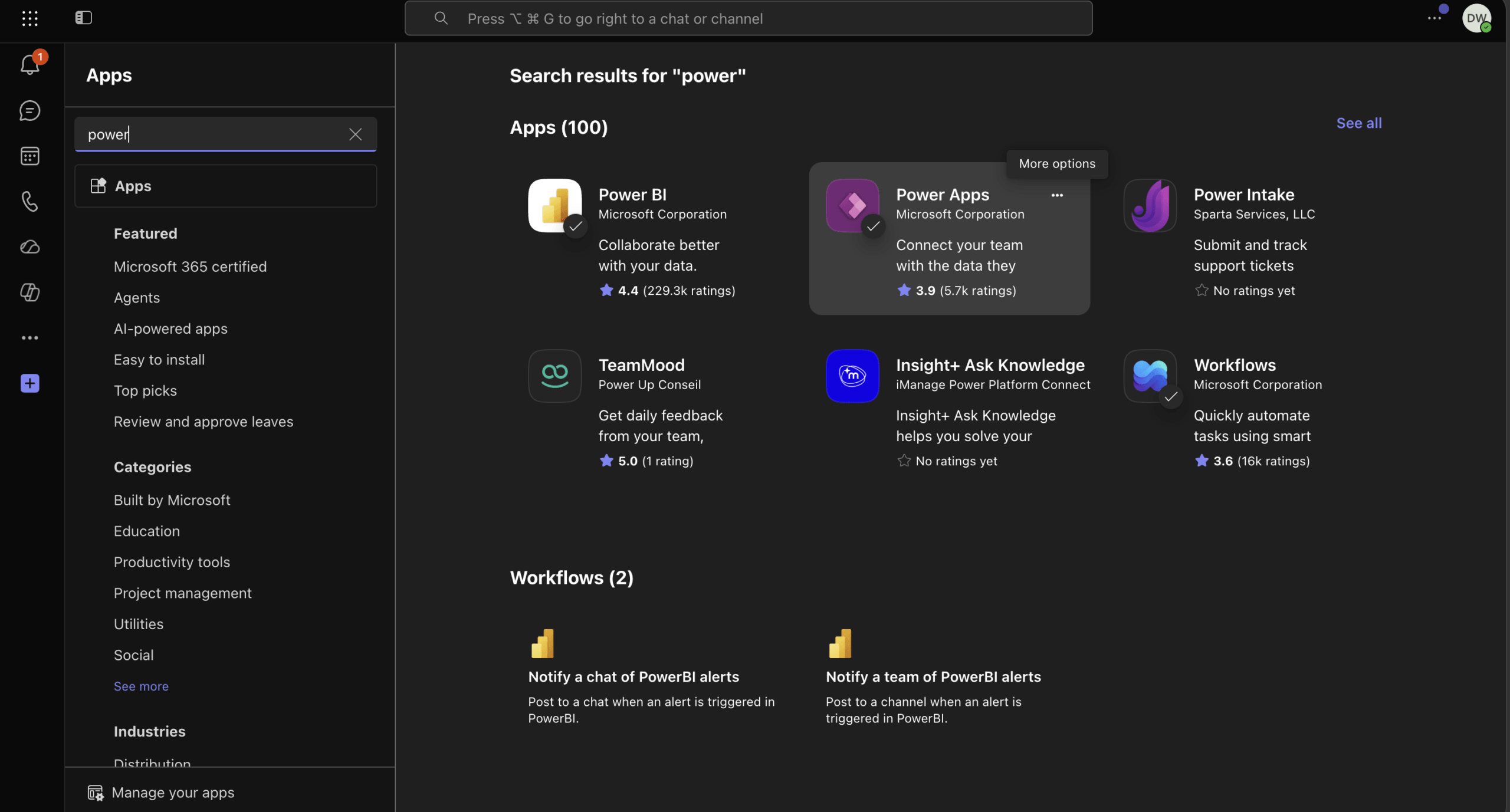 Microsoft Teams Apps store search results for power showing Power Apps by Microsoft Corporation with 3.9 star rating