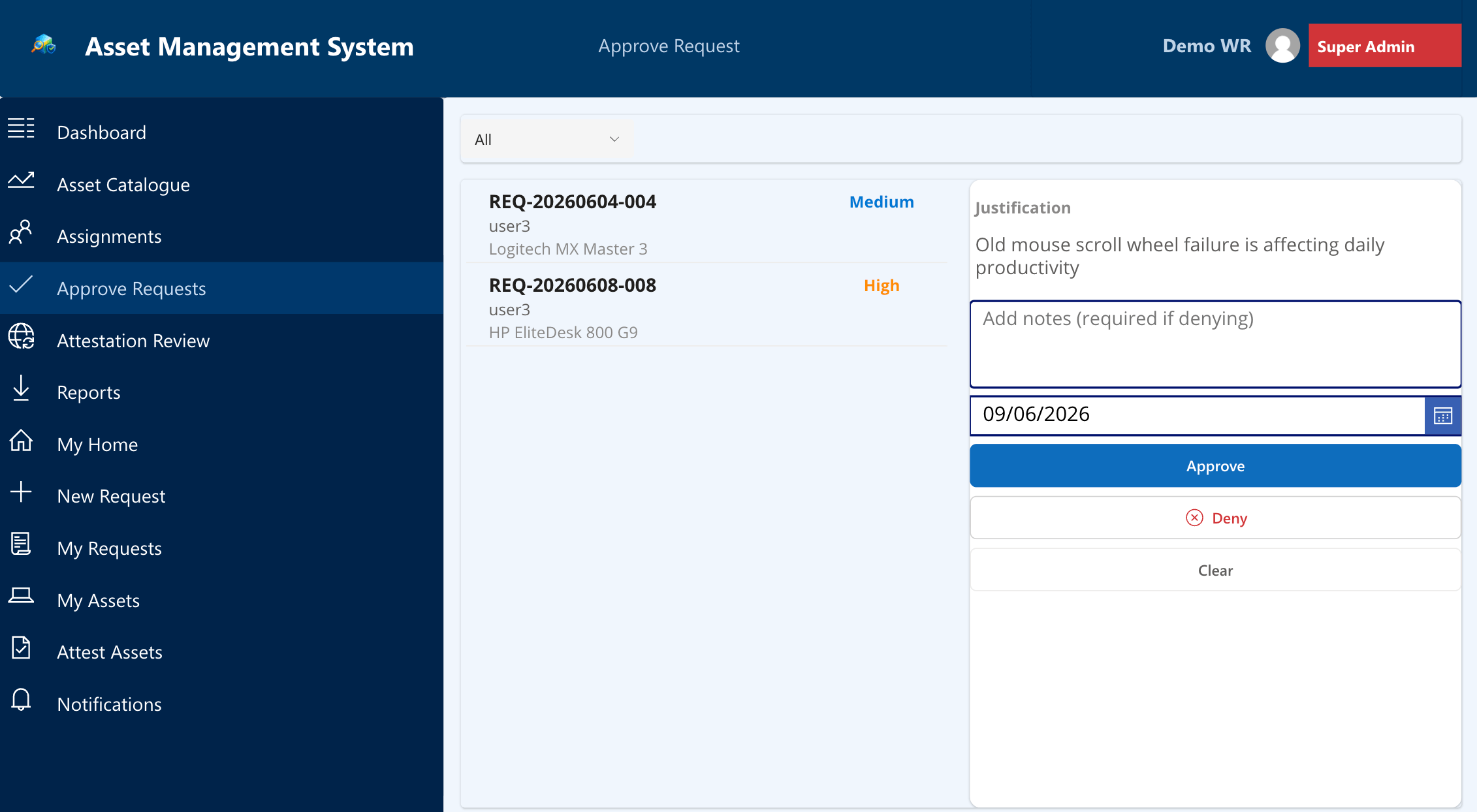 scrApprove — split panel with pending list and approval detail