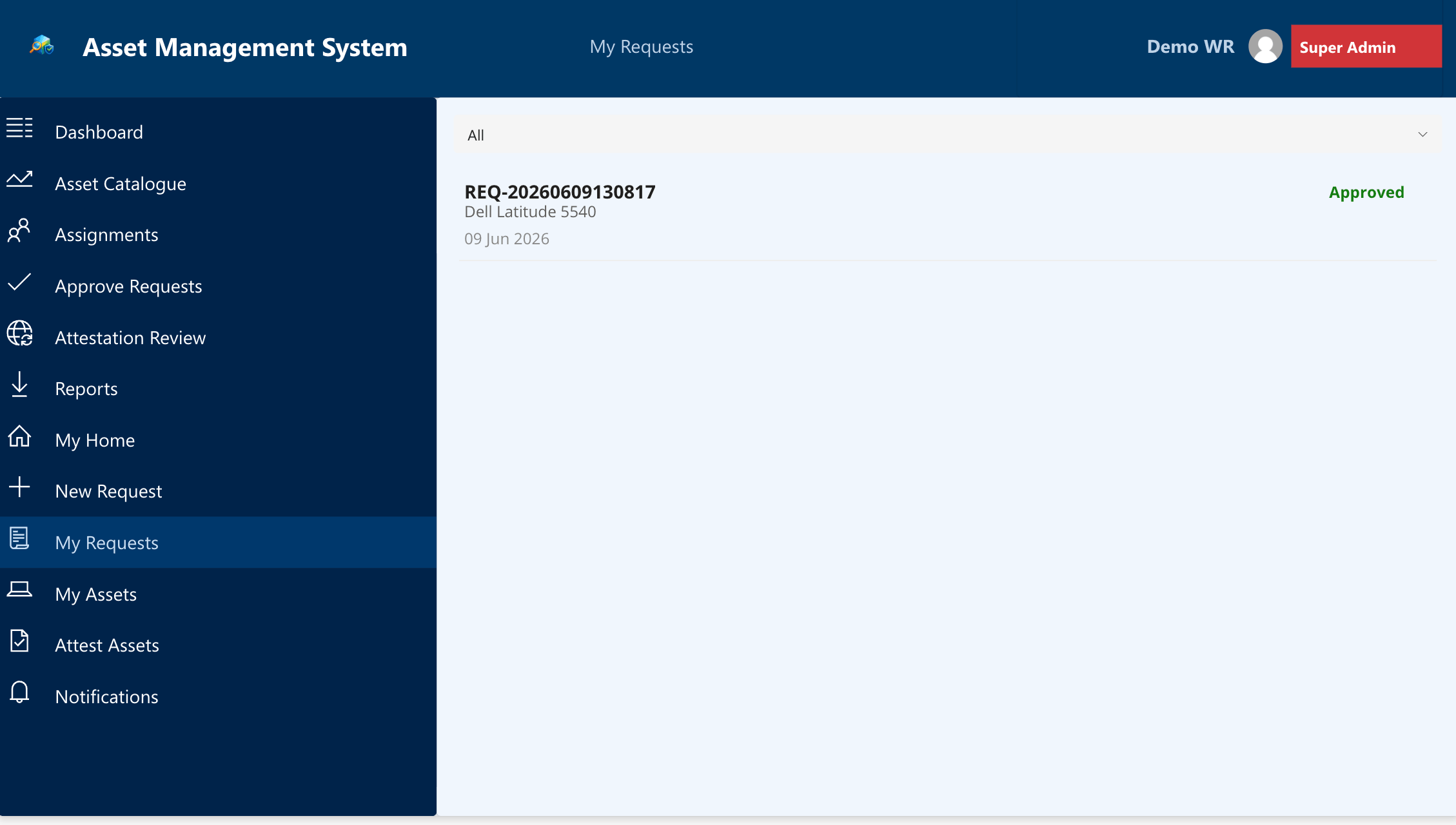 scrMyRequests — request list with status badges