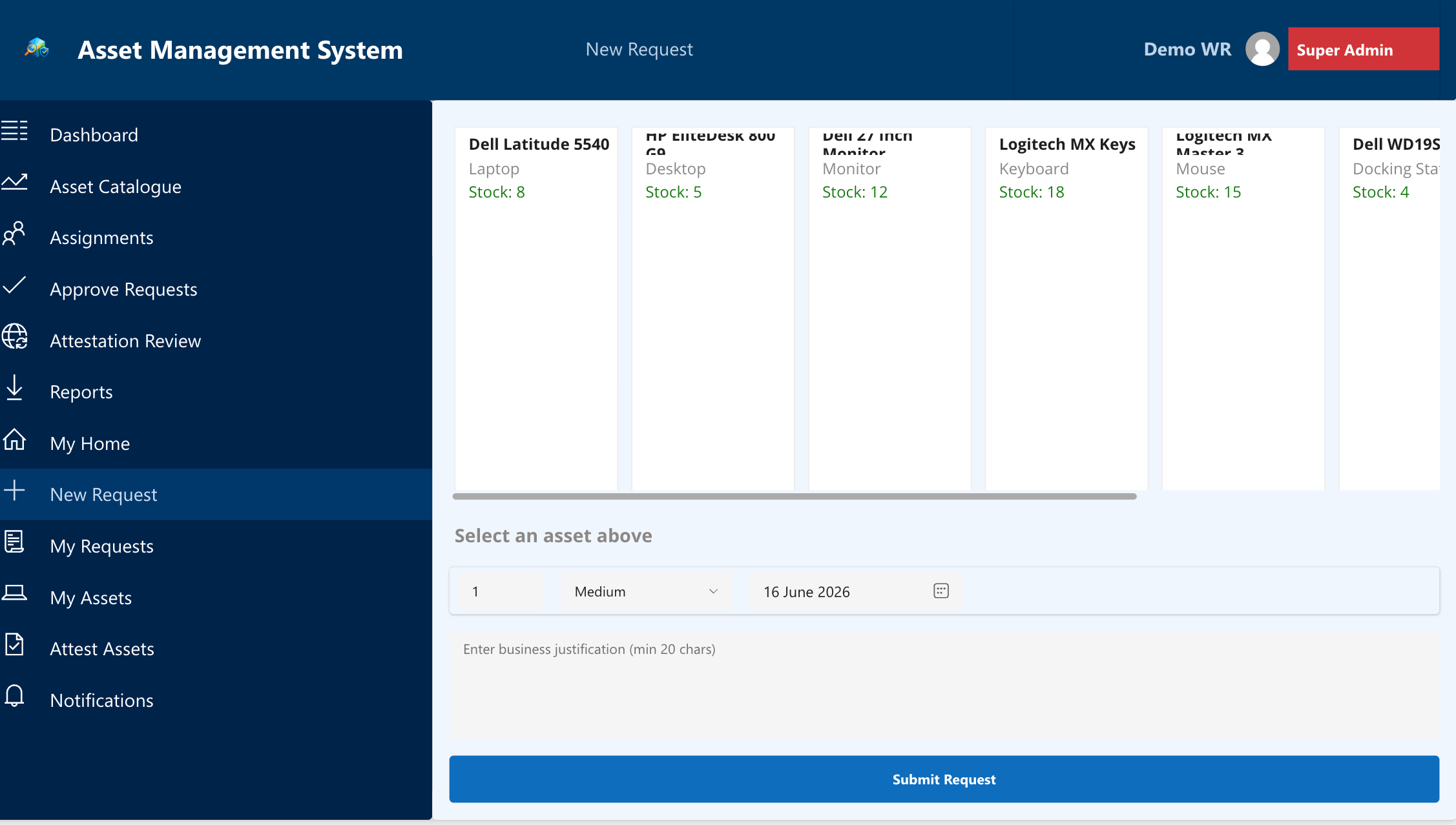 scrNewRequest — asset card gallery and request form