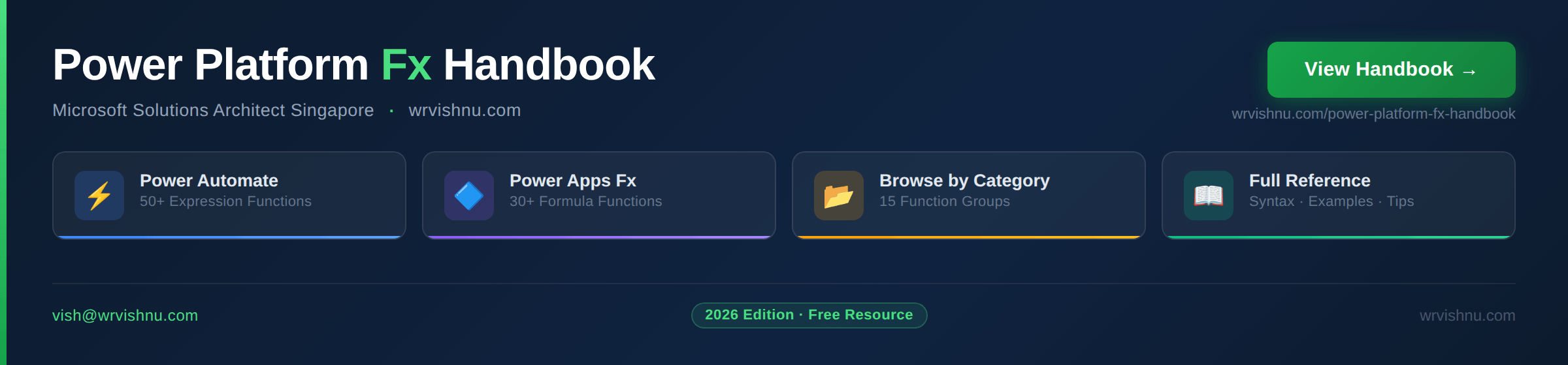 Power Platform developer function handbook 2026 — Interactive cheat sheet covering 50+ Power Automate expressions and 30+ Power Apps Power Fx functions with syntax, examples, and tips. Free resource by Vish, Microsoft Solutions Architect Singapore, at wrvishnu.com