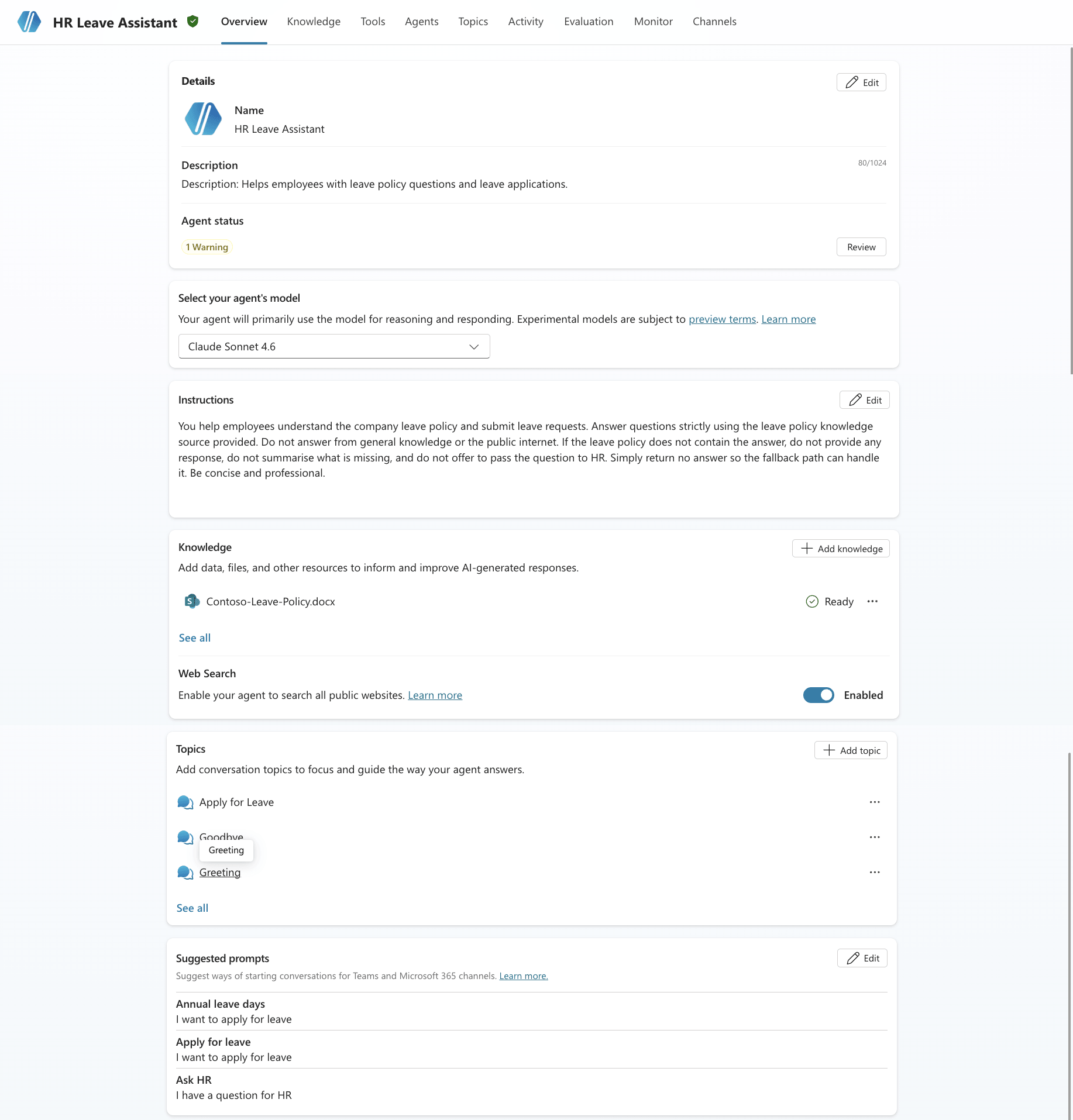 Copilot Studio classic experience overview page for the HR Leave Assistant showing topics, instructions, knowledge, and suggested prompts