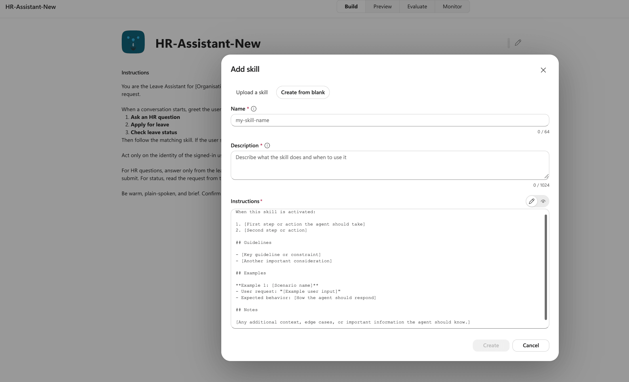 Copilot Studio new agent experience skills and tools panel for the HR leave assistant
